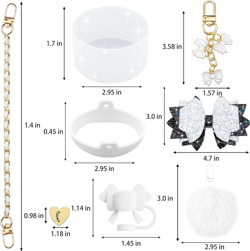 SEMATA Bling Accessories for Stanley Cup 40oz & 30oz Tumbler Including Silicone Cute Bow Straw Topper Cover, Silicone Boot for Stanley Cup,Leather Water Bottle Handle Strap, Charms(White) - Image 3